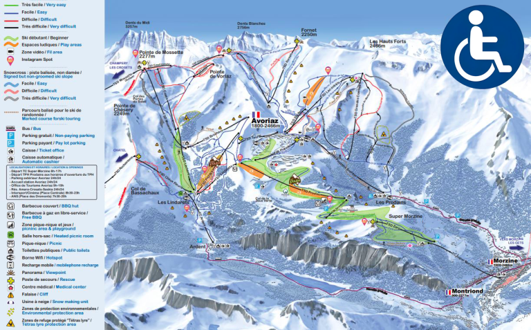 Plan des pistes hiver accessible aux handicapés du domaine d'Avoriaz